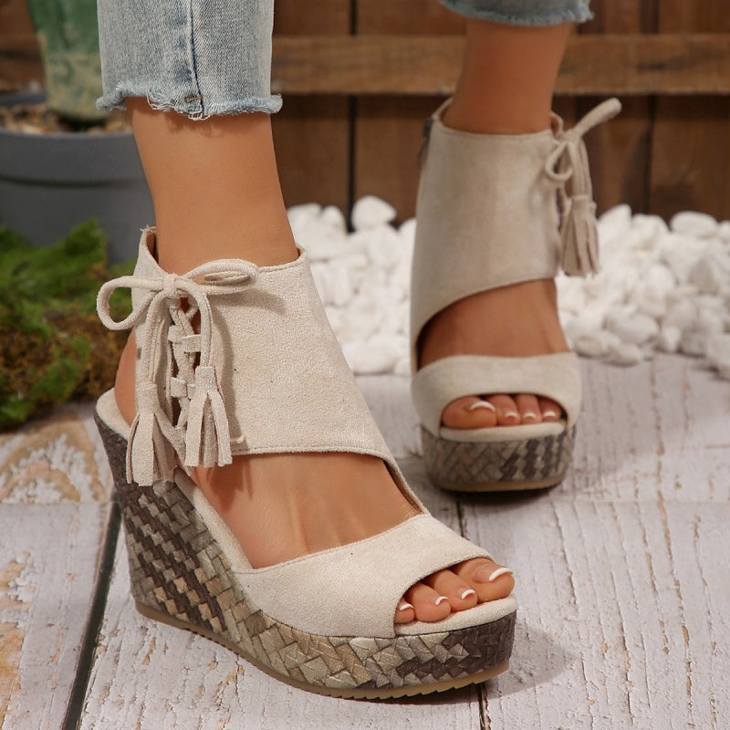 Momount Women Wedge Sandals – Woven Suede Bow High Platform Boho
