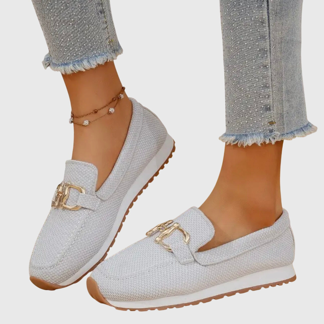 Momount ženske pletene mokasinke – mrežica, zlatna horsebit kopča, platforma, udobni slip-on