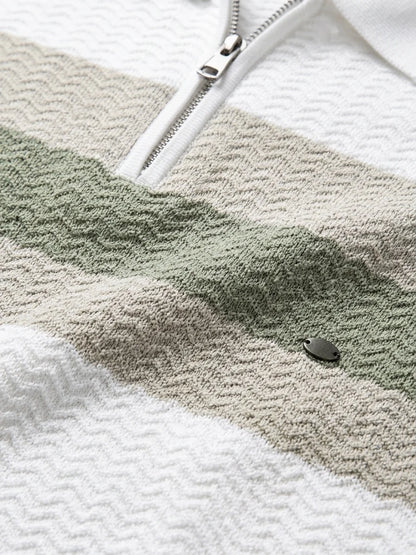 Momount Men Half Zip Polo Shirt – Knit Contrast Stripe Short Sleeve - White - detail