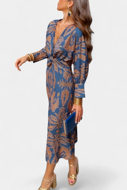 Momount Women’s Bodycon Midi Dress – Long Sleeve Twist Elegant