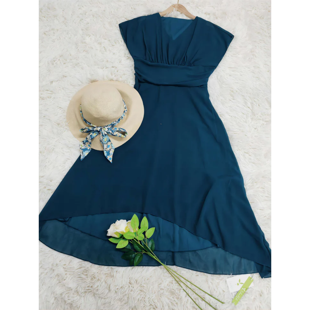Thessalonia | Elegant Chiffon V Neck High Low Midi Dress