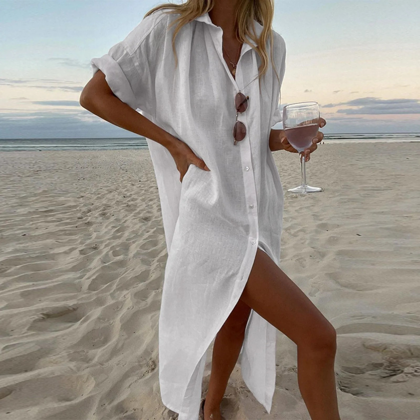 Esmeralda | Lanena maxi haljina na kopčanje za plažu | Momount ljeto