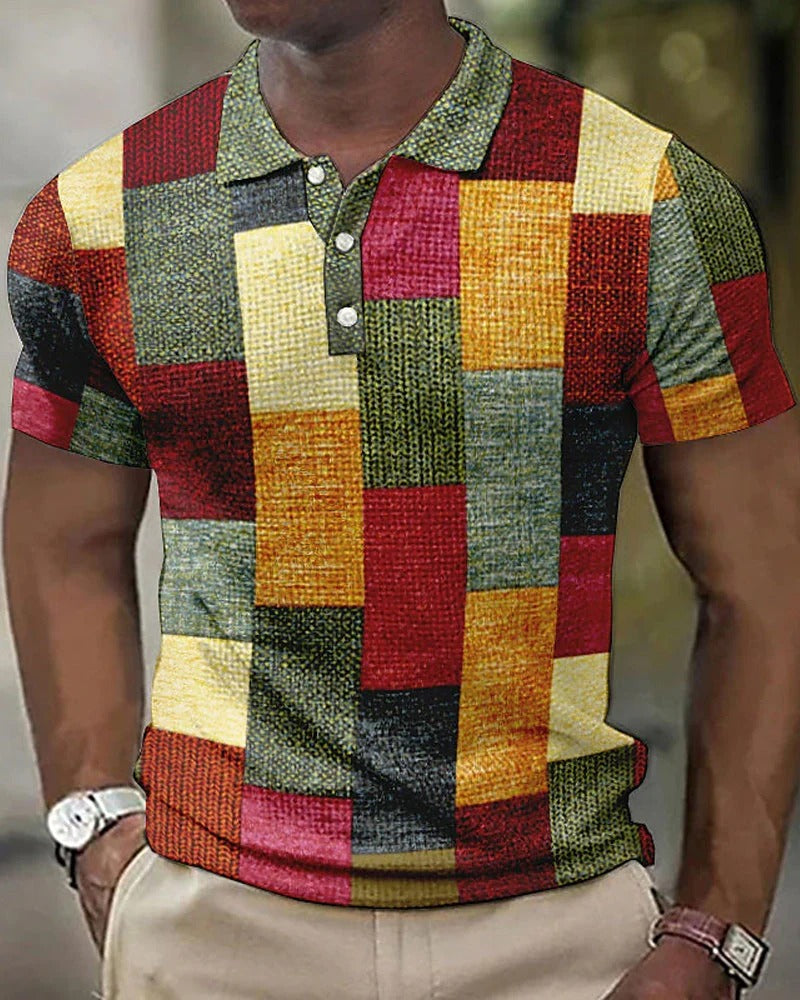 Momount Men Checkered Polo Shirt – Patchwork Short Sleeve Casual