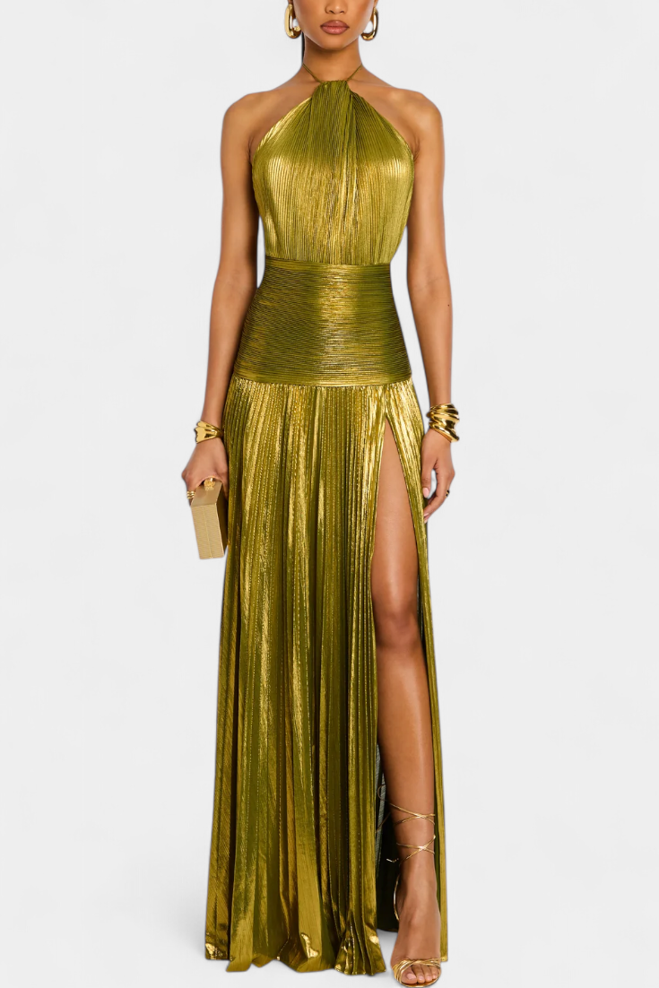 Evangelia | Elegant Metallic Pleated Halter Summer Maxi Dress