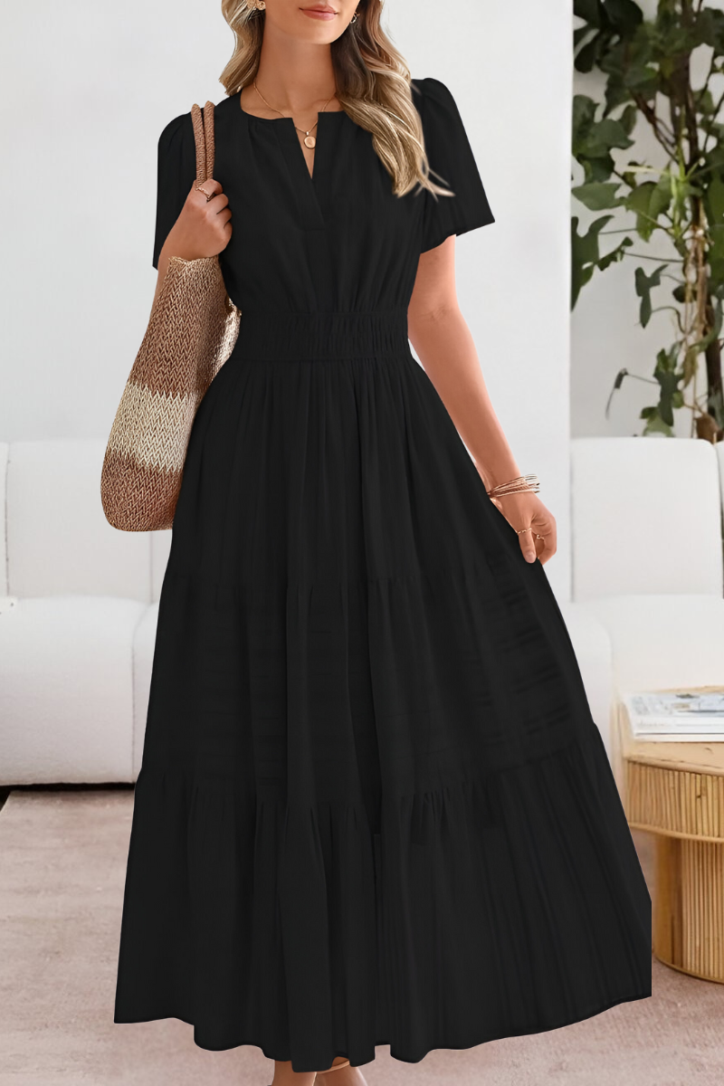 Evangelia | Boho Smocked V Neck Tiered Summer Midi Dress