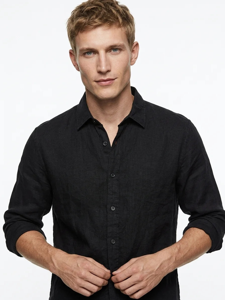 Momount Men Linen Shirt – Long Sleeve Button Up Relaxed Fit Beach - Black - front