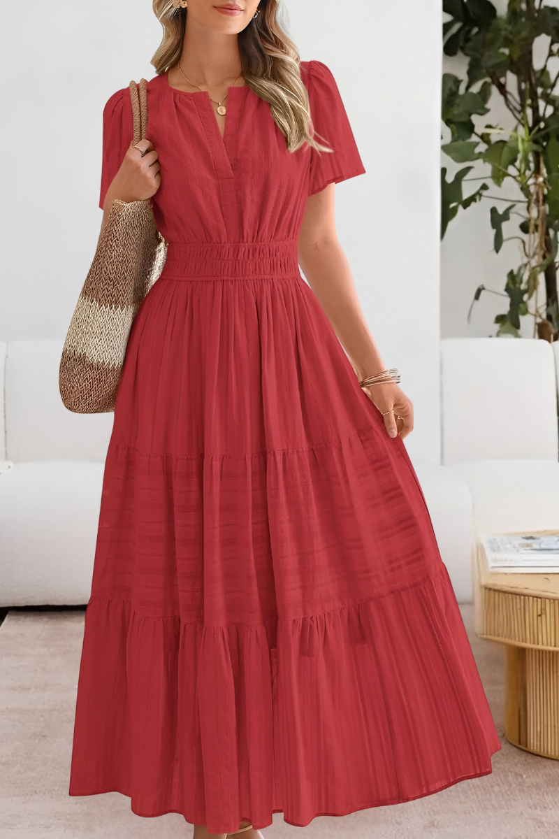 Evangelia | Boho Smocked V Neck Tiered Summer Midi Dress