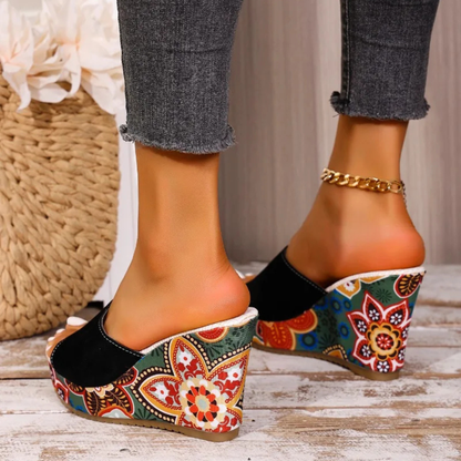 Momount Women Wedge Sandals – Suede Floral Print Platform Slide Boho