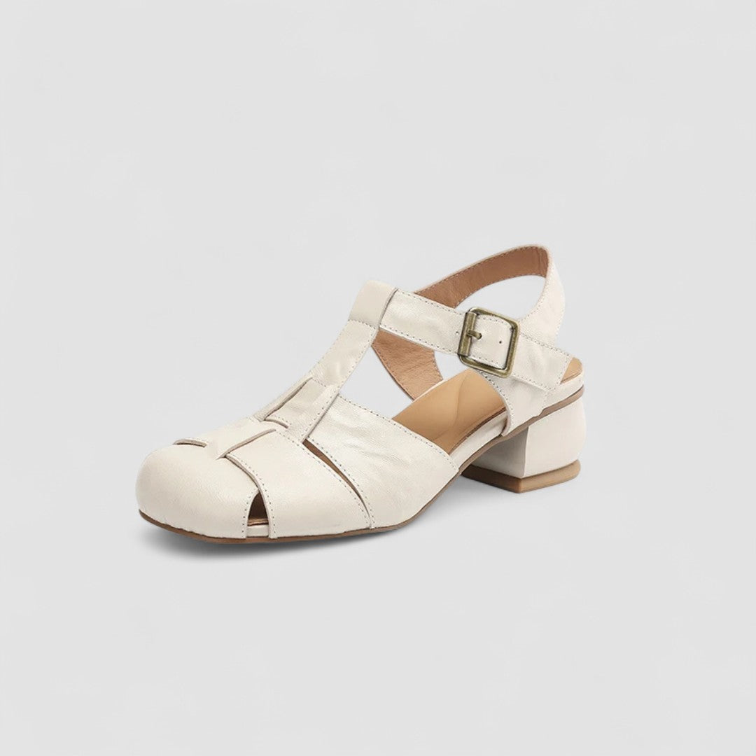 Momount Women Leather Sandals – Closed Toe Buckle Low Heel Vintage