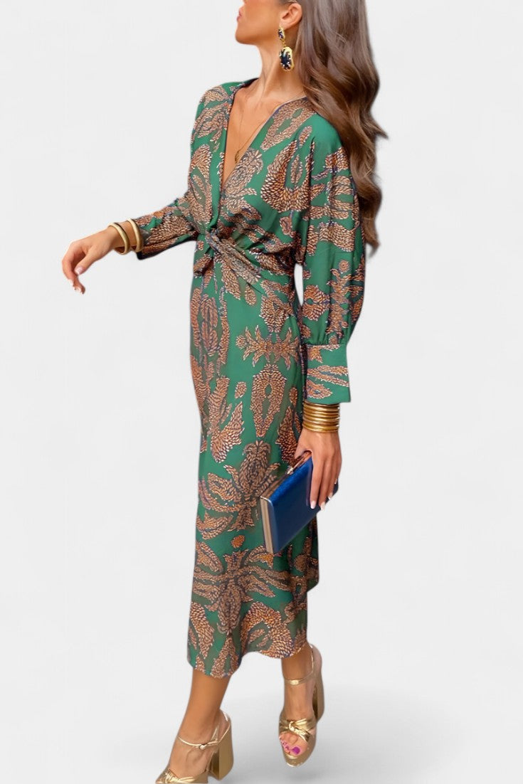 Momount Women’s Bodycon Midi Dress – Long Sleeve Twist Elegant