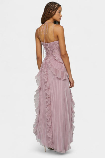High-Low Pleated Halter Maxi Dress with Cascading Ruffles | Wedding Guest & Summer Party