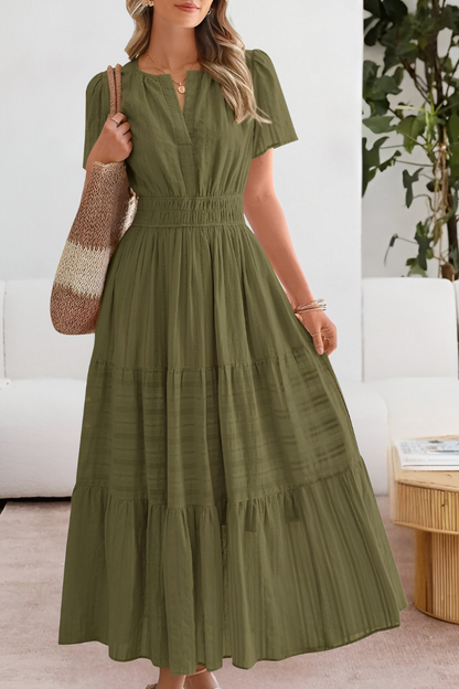 Evangelia | Boho Smocked V Neck Tiered Summer Midi Dress