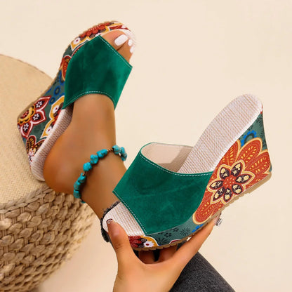Momount Women Wedge Sandals – Suede Floral Print Platform Slide Boho