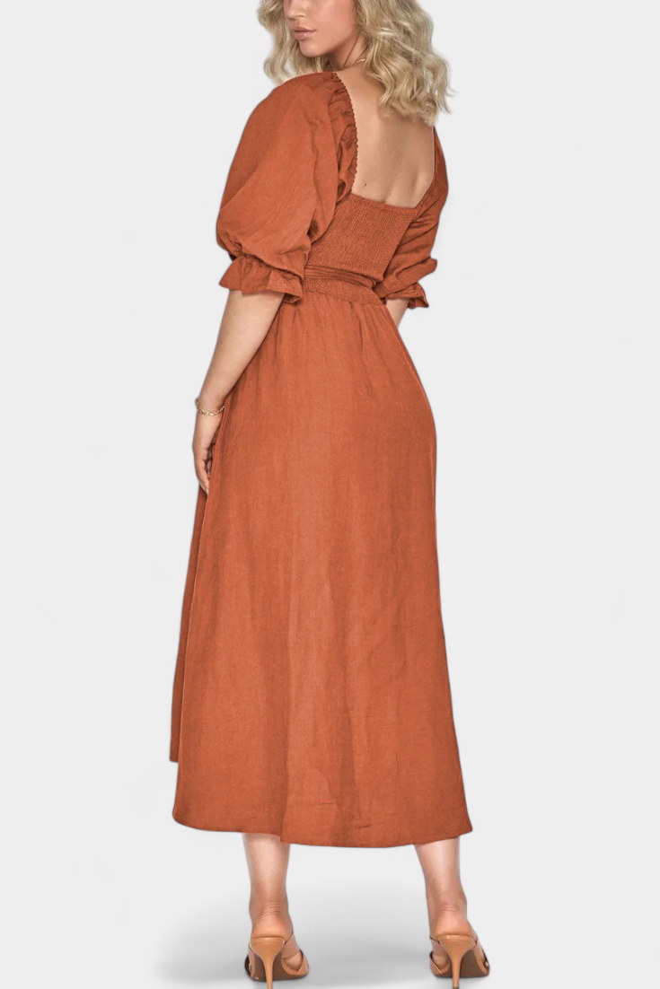 Momount Women’s Summer Midi Dress – Cut Out Puff Sleeve A-line Flowy Beach Dress