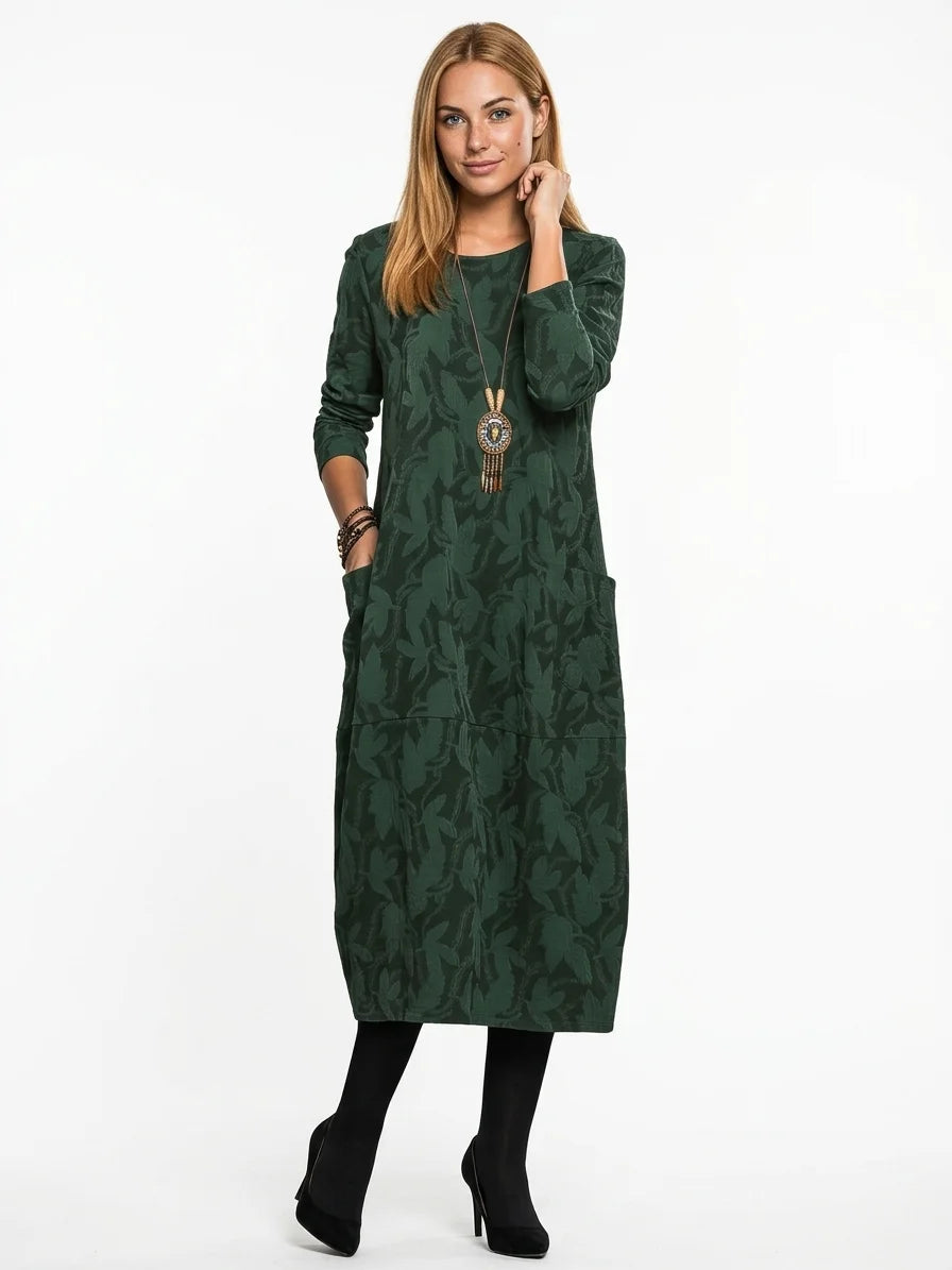Wren Winter Midi Dress | Long Sleeve, Pockets, Printed - Green - 3/4