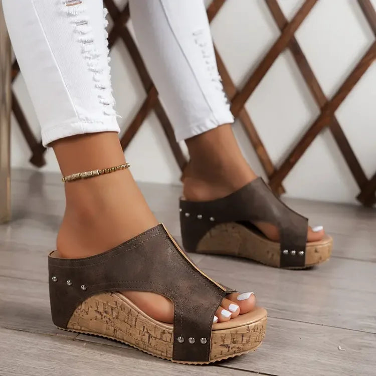 Momount Women Platform Wedge Sandals – Black Cork Peep-Toe Mule Studded