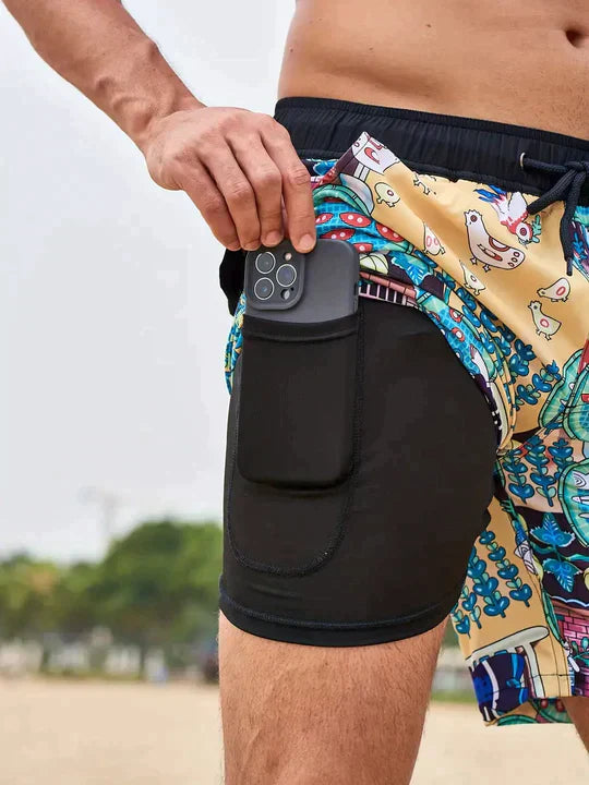Momount Men Swim Shorts – Tropical Leaf Print Phone Pocket Mesh Liner
