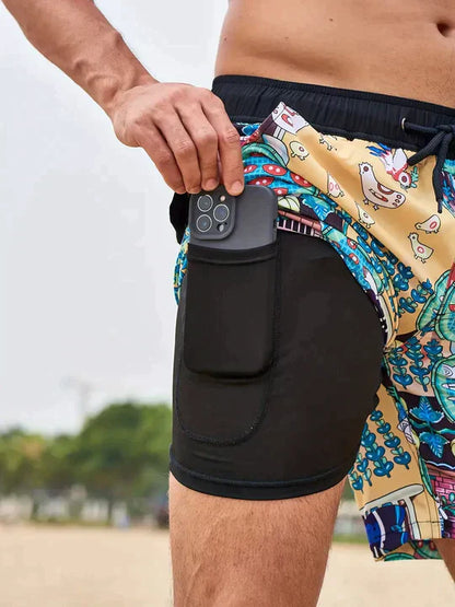 Momount Men Swim Shorts – Palm Print Compression Liner Quick Dry Mid