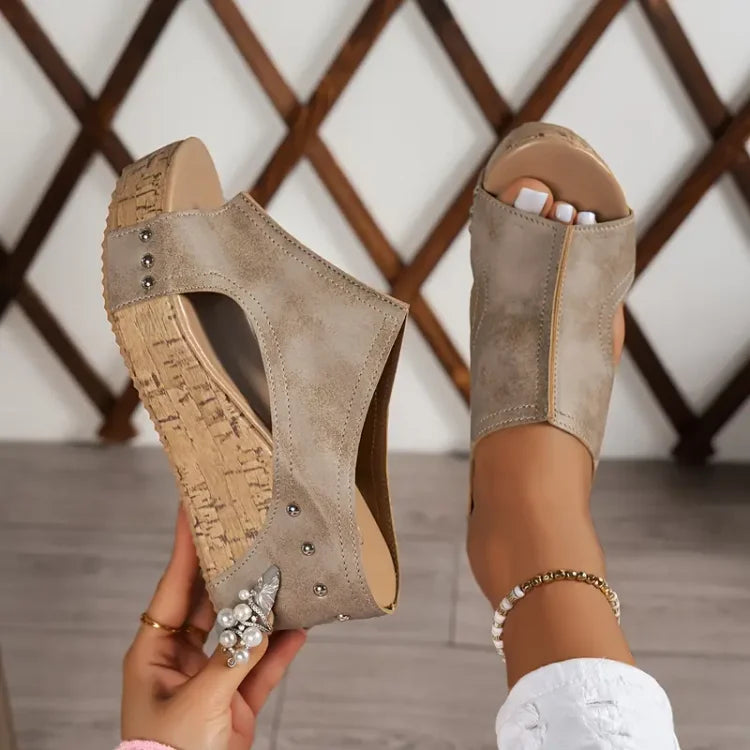 Momount Women Platform Wedge Sandals – Black Cork Peep-Toe Mule Studded