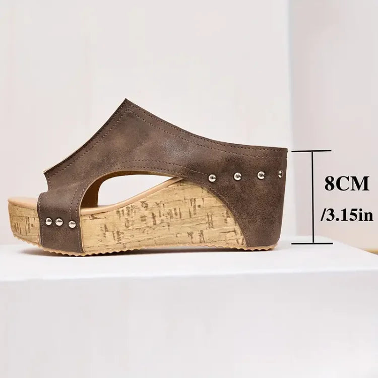 Momount Women Platform Wedge Sandals – Black Cork Peep-Toe Mule Studded