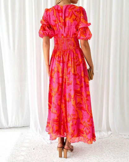 Vera Puff Sleeve Maxi Dress | Printed, V-Neck, Flowing