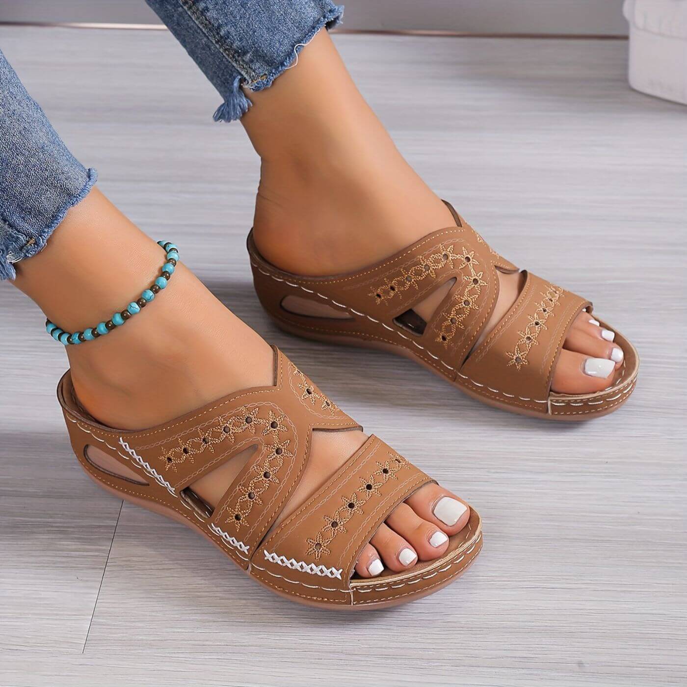 Momount | Seraphina Women's Leather Sandals | Perforated Wedge Platform | Comfortable Open Toe Summer Casual Slides