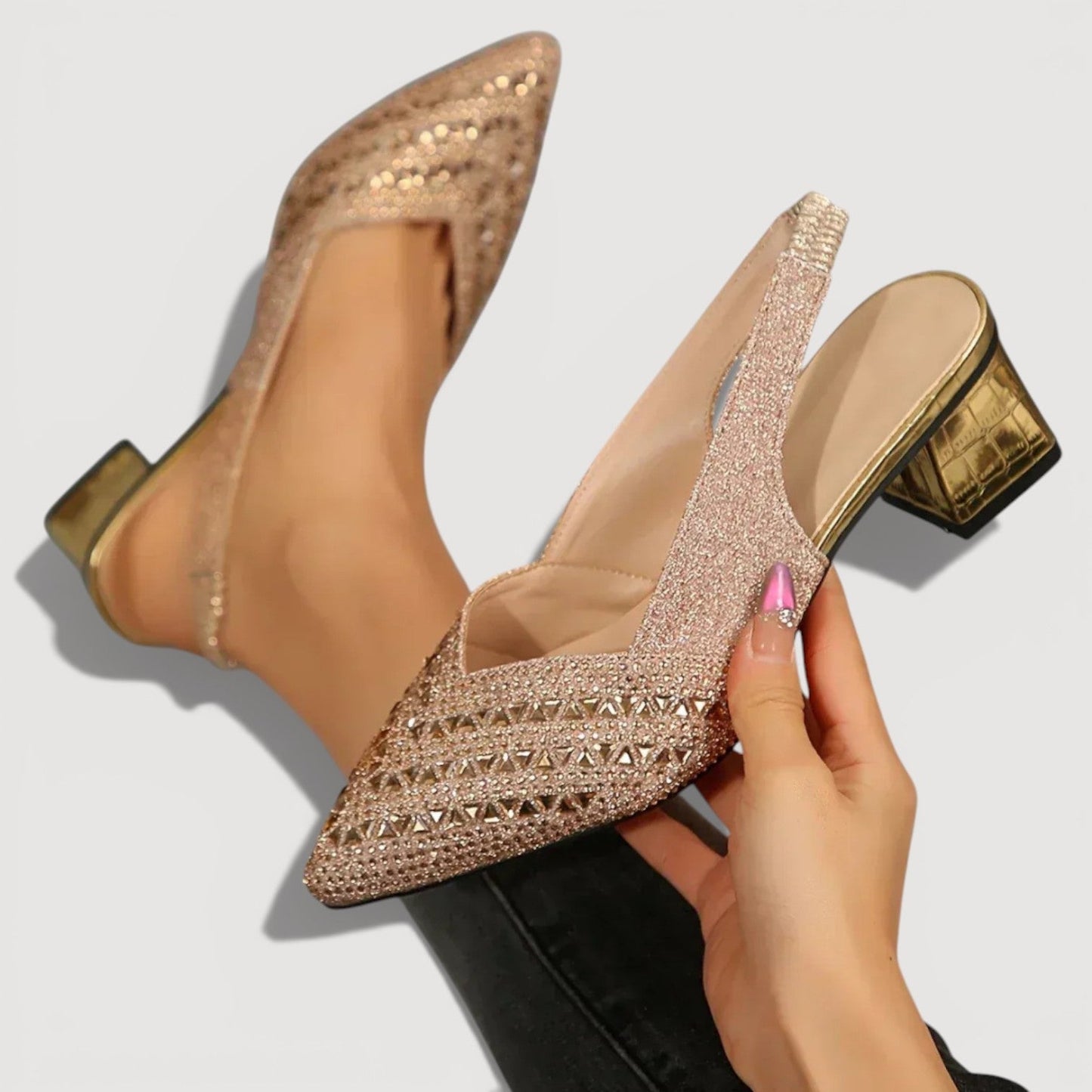 Momount Women Slingback Pumps – Rhinestone Pointed Toe Low Block Heel V-Cut