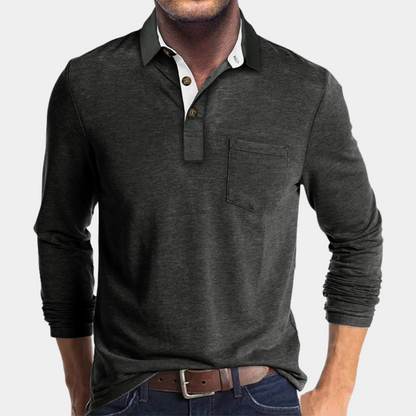 Momount Men Long Sleeve Polo Shirt – Contrast Collar Pocket Classic Fit