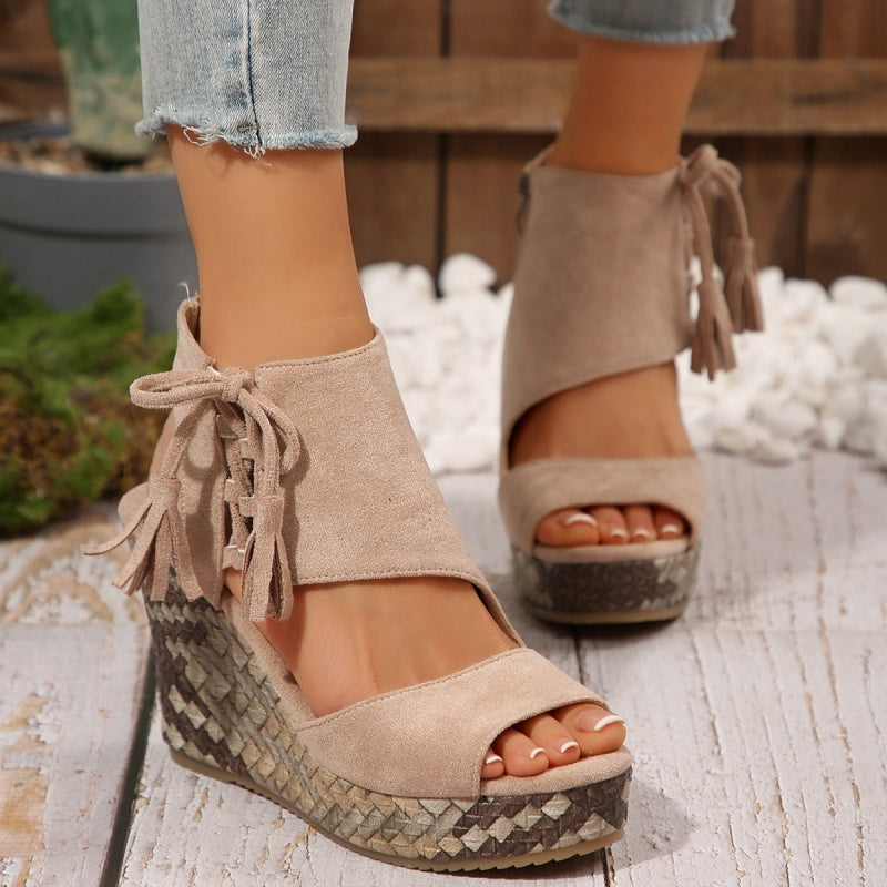Momount Women Wedge Sandals – Woven Suede Bow High Platform Boho
