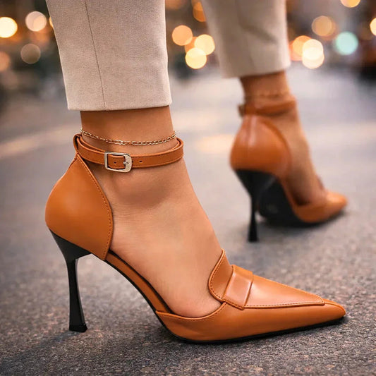 Momount ženske stiletto salonke – kožne, šiljastog vrha, slingback s remenčićem oko gležnja