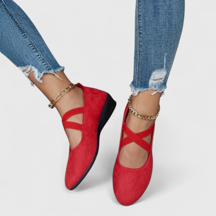 Momount ženske balerinke – brušena koža, elastične ukrižene trake, okrugli vrh, slip-on
