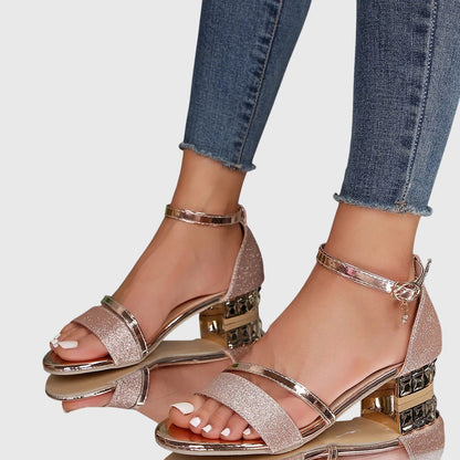 Momount Women Ankle Strap Sandals – Glitter Rhinestone Block Heel Open Toe