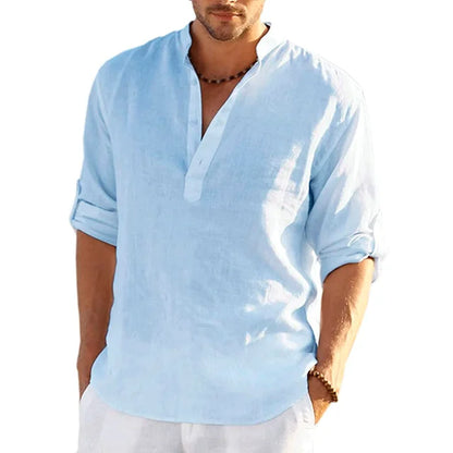 Momount Men Linen Henley Shirt – Long Sleeve Roll Tab Sleeve Casual