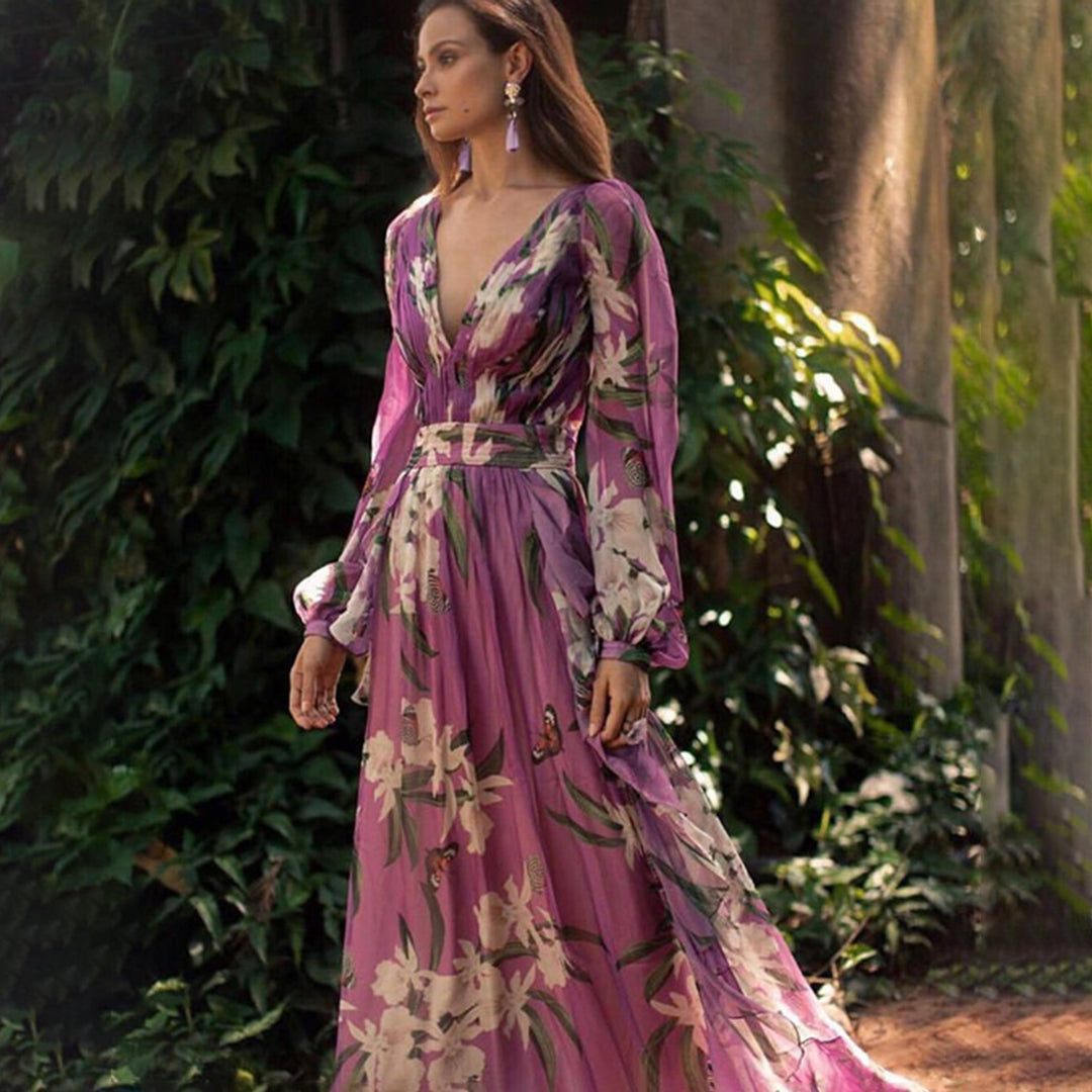 Marciana | Boho Chiffon Floral V Neck Wrap Summer Maxi Dress