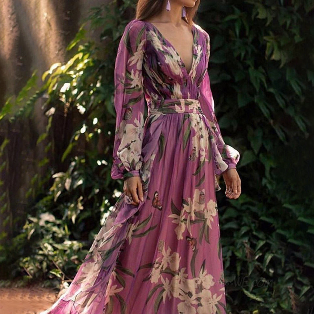 Marciana | Boho Chiffon Floral V Neck Wrap Summer Maxi Dress