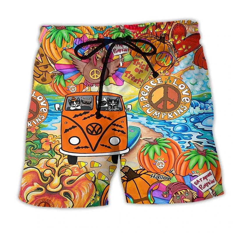 Momount Men Swim Shorts – Hippie Van Graphic Print Drawstring Summer