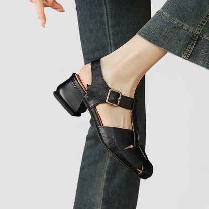 Momount Women Leather Sandals – Closed Toe Buckle Low Heel Vintage