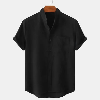 Momount Men Linen Shirt – Short Sleeve Band Collar Chest Pocket Summer