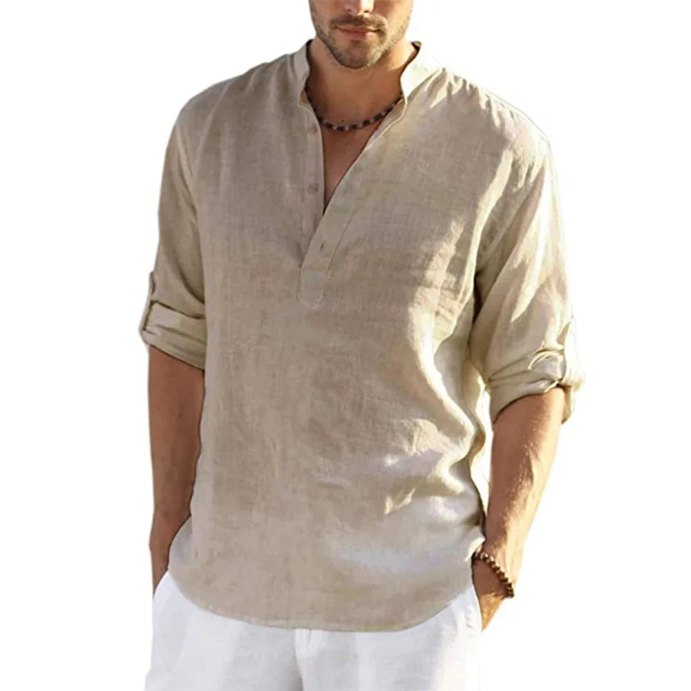 Momount Men Linen Henley Shirt – Long Sleeve Band Collar Casual