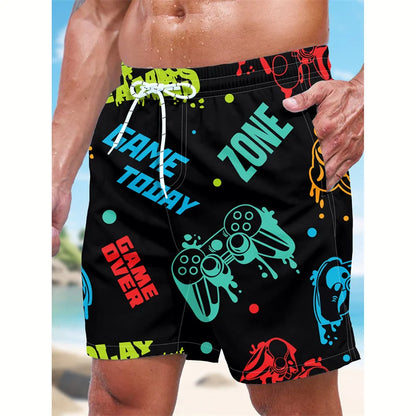 Momount Men Swim Shorts – Gaming Controller Print Drawstring Mid Length