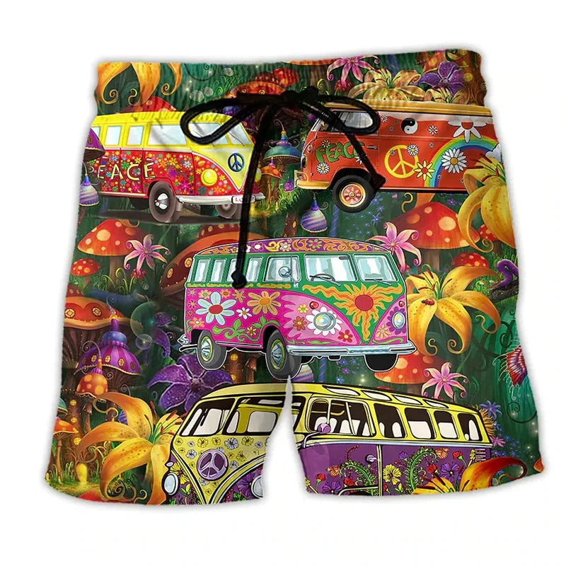 Momount Men Swim Shorts – Hippie Van Graphic Print Drawstring Summer