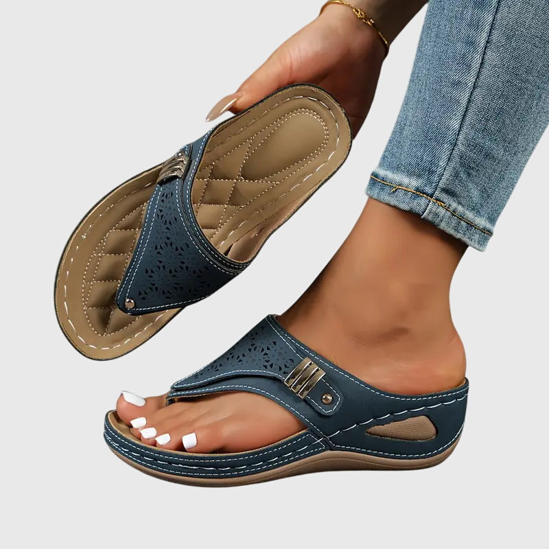 Momount Women Thong Wedge Slides – Leather Laser-Cut Toe-Post Quilted Footbed