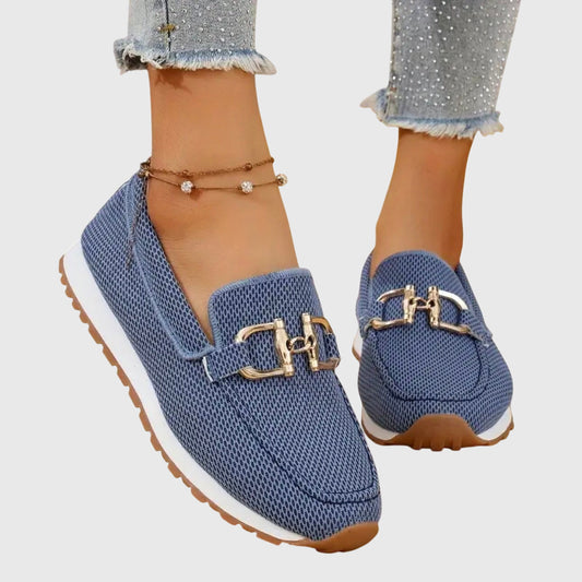 Momount ženske pletene mokasinke – mrežica, zlatna horsebit kopča, platforma, udobni slip-on