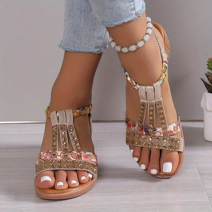 Momount Women Wedge Sandals – Fuchsia Floral Rhinestone Braided Boho