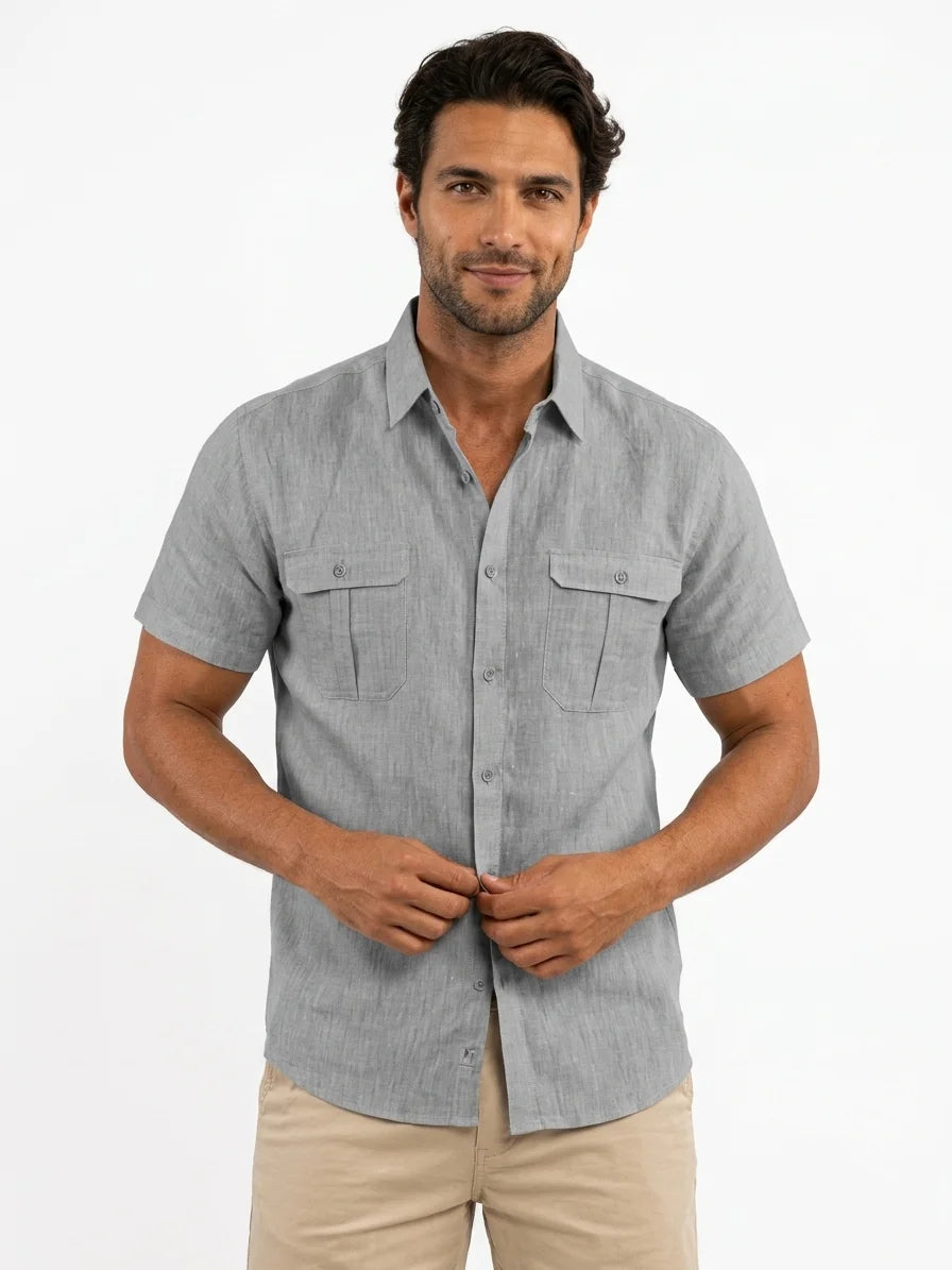 Momount Men Linen Shirt – Short Sleeve Double Chest Pocket Utility Casual - Gray - front