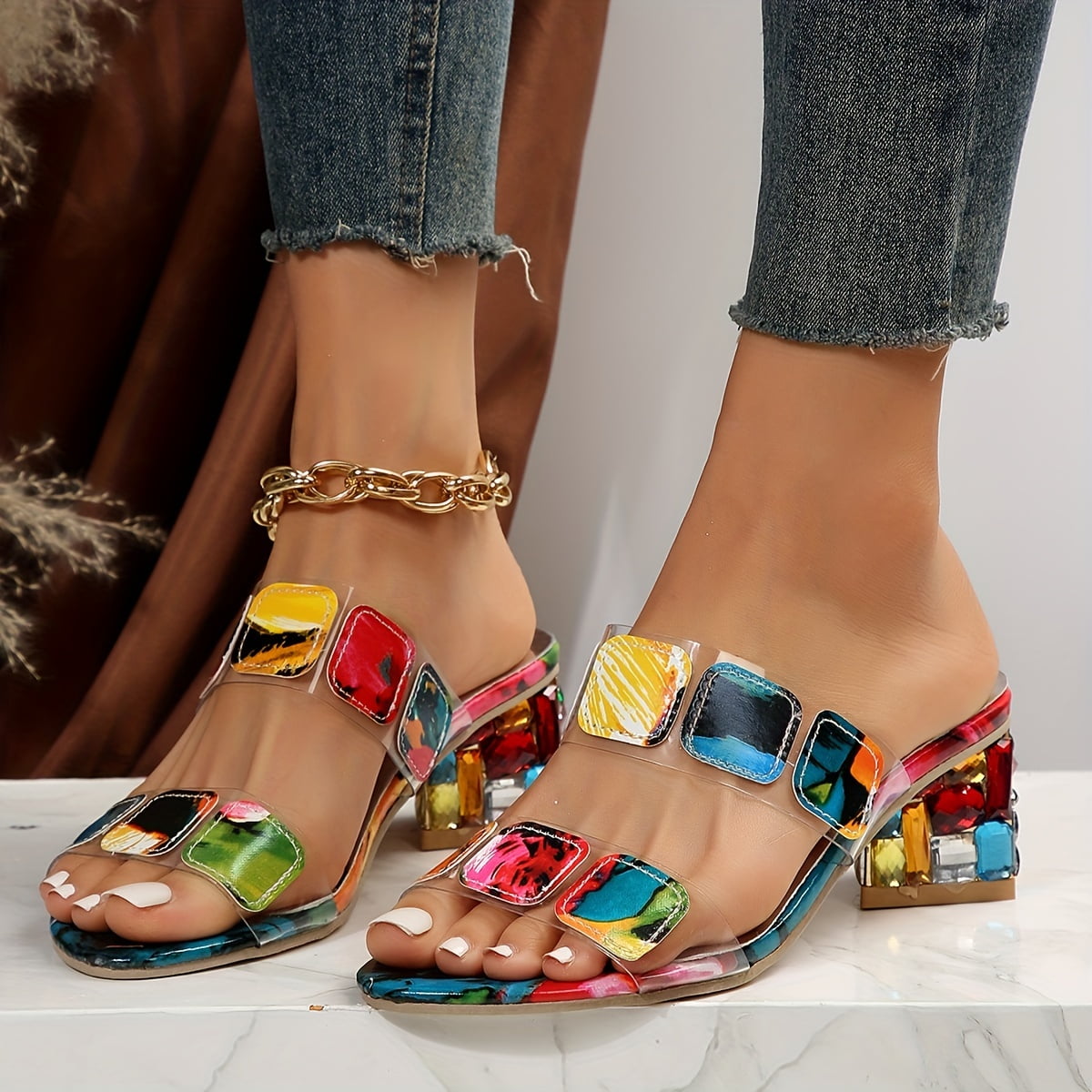 Thessaly | Clear Square Gem Block Heel Sandals