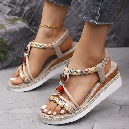 Momount Women Espadrille Wedge Sandals – Boho Braided Beaded Rhinestone