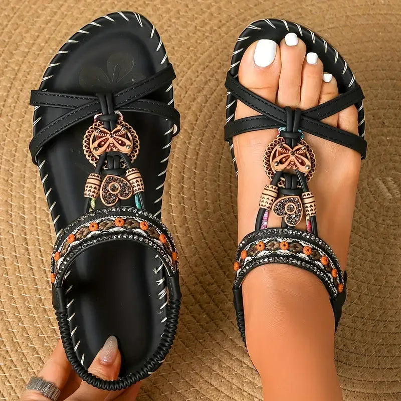 Momount Women Slingback Sandals – Teal Boho Beaded Rhinestone Flat