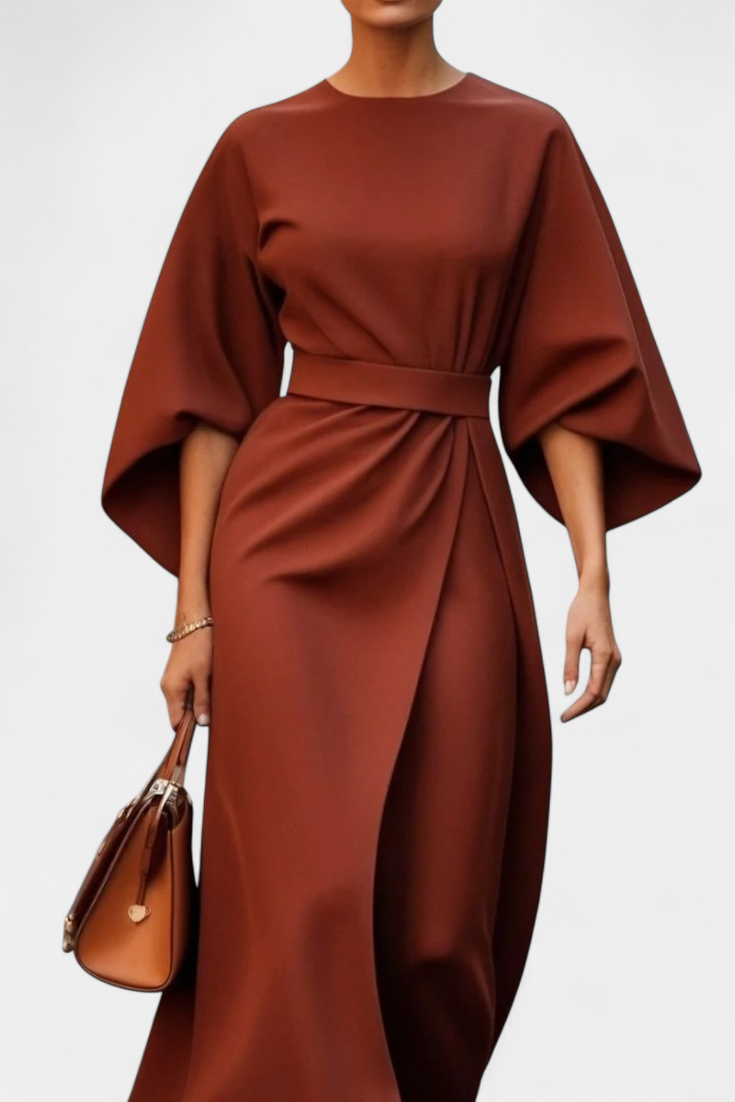 Momount Women’s Work Midi Dress – Belted Loose Fit Wide Sleeve Elegant Office Dress
