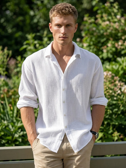 Momount Men Waffle Linen Shirt – Long Sleeve Button Up Textured Casual - White - lifestyle_garden